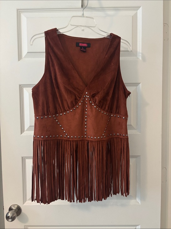 Rock & Roll Cowgirl Tops - Rock & Roll Cowgirl Rust Brown Studded Fringe Faux Micro Suede Tank SZ L Western